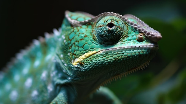 Primo piano camaleonte di colore verde IA generativa