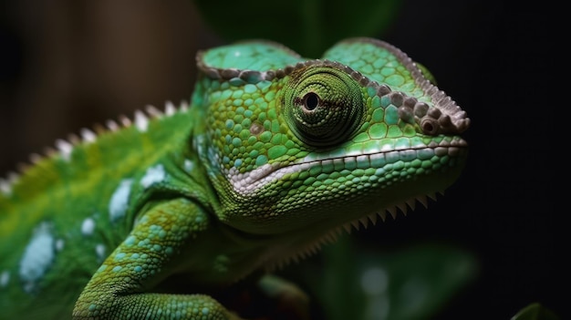 Primo piano camaleonte di colore verde IA generativa