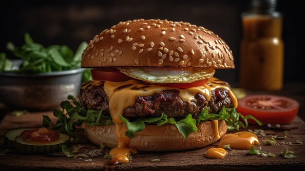 Primo piano Cheeseburger su un piatto di legno con uno sfondo sfocato