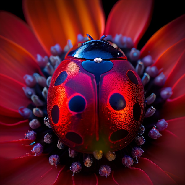 Primo piano coccinella rossa su fiore rosso fiore Creato con tecnologia generativa AI