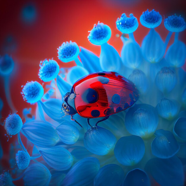 Primo piano coccinella rossa su fiore rosso fiore Creato con tecnologia generativa AI