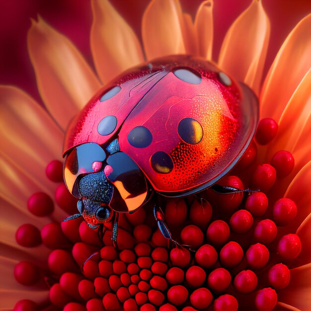 Primo piano coccinella rossa su fiore rosso fiore Creato con tecnologia generativa AI