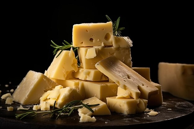 Primo piano con pezzi di formaggio su un vassoio di legno su uno sfondo scuro