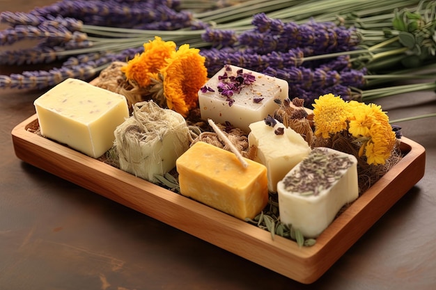 Primo piano con sapone alle erbe con una selezione di fiori secchi Il sapone alle erbe è disposto su un vassoio di legno