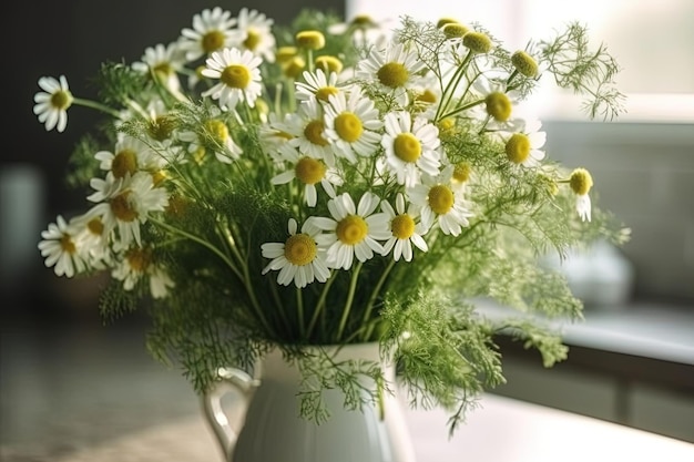 Primo piano con un bouquet di camomilla in un vaso di ceramica sul tavolo con fiori bianchi e gialli