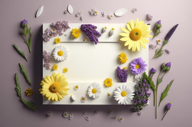 Primo piano cornice fotografica vuota con fiori primaverili stagione elegante sfondo minimalista IA generativa