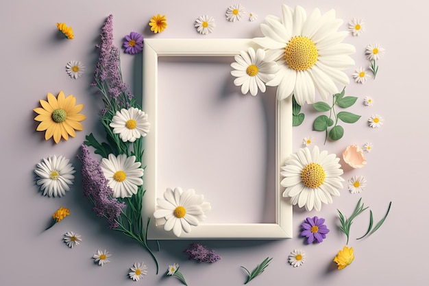 Primo piano cornice fotografica vuota con fiori primaverili stagione sfondo elegante IA generativa