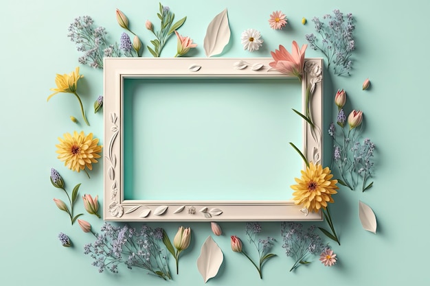 Primo piano cornice per foto vuota con fiori primaverili stagione sfondo elegante con intelligenza artificiale generativa