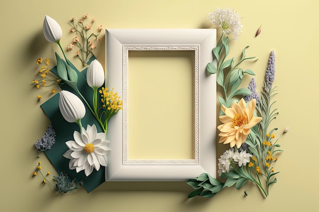 Primo piano cornice per foto vuota con fiori primaverili stagione sfondo minimalista con intelligenza artificiale generativa
