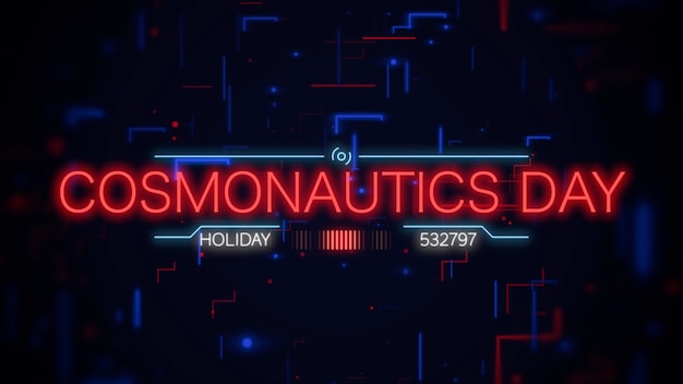 Primo piano Cosmonautics Day testo su schermo futuristico al neon con forme astratte, sfondo astratto