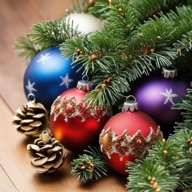 Primo piano degli ornamenti multicolori dell'albero di Natale contro uno sfondo di luci sfocate