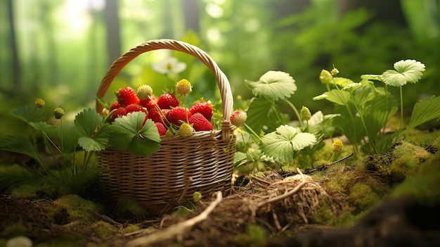 Primo piano dei cespugli di fragole selvatiche nella foresta con cesto di vimini e rugiada sull'erba generata dall'intelligenza artificiale