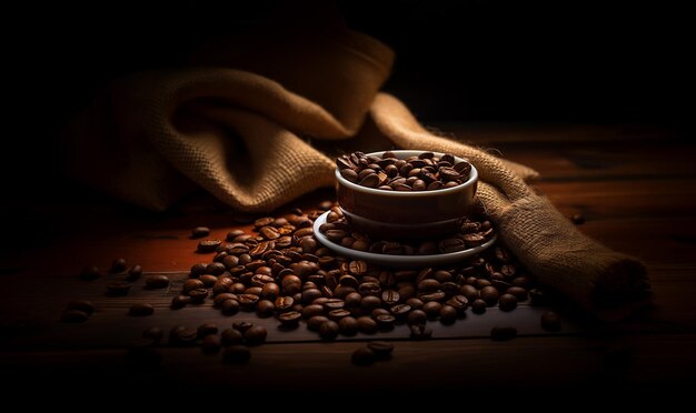 Primo piano dei chicchi di caffè arrostiti marroni su fondo scuro sulla tavola di legno sp delizioso fresco della copia del caffè