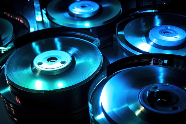 Primo piano dei dischi di archiviazione con luce blu che si riflette sul metallo