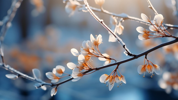 Primo piano dei fiocchi di neve che cadono sui fiori di ciliegio durante la stagione primaverile