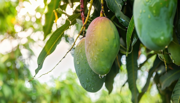 Primo piano dei manghi appesi all'albero