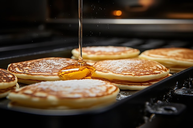 Primo piano dei pancake che vengono capovolti su una piastra