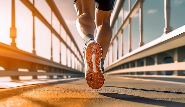 Primo piano dei piedi del corridore in scarpe da ginnastica mentre fa jogging fuori Uno stile di vita sano e attivo