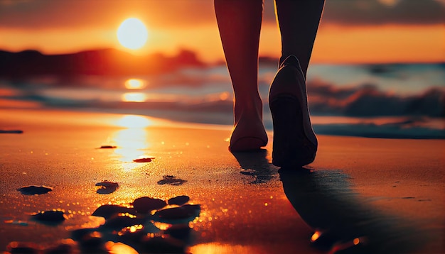 Primo piano dei piedi della donna che camminano sulla spiaggia al tramonto con la tecnologia generativa AI