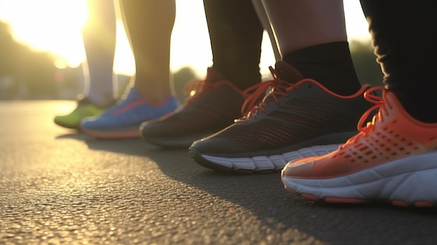 Primo piano dei piedi di persone in scarpe da ginnastica in piedi sull'asfalto alla luce del sole al tramonto