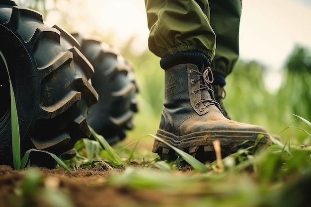 primo piano dei piedi di un contadino con stivali di gomma