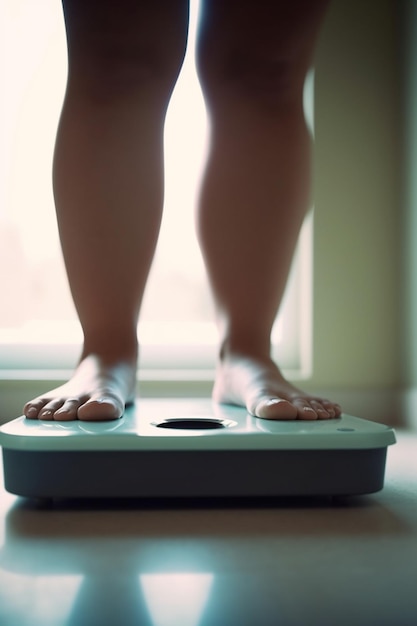 Primo piano dei piedi sulla bilancia che tiene traccia dei progressi nella perdita di peso