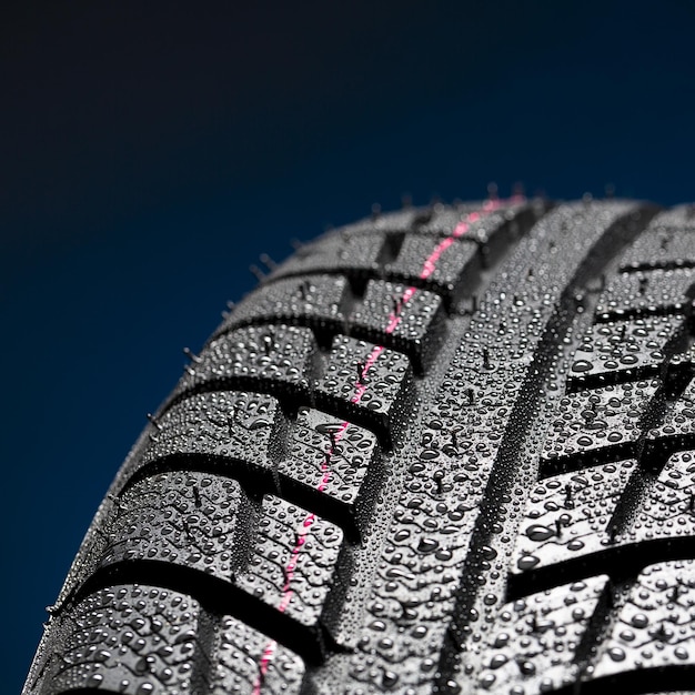 Primo piano dei pneumatici per auto Struttura del profilo della ruota invernale con gocce d'acqua su sfondo nero blu