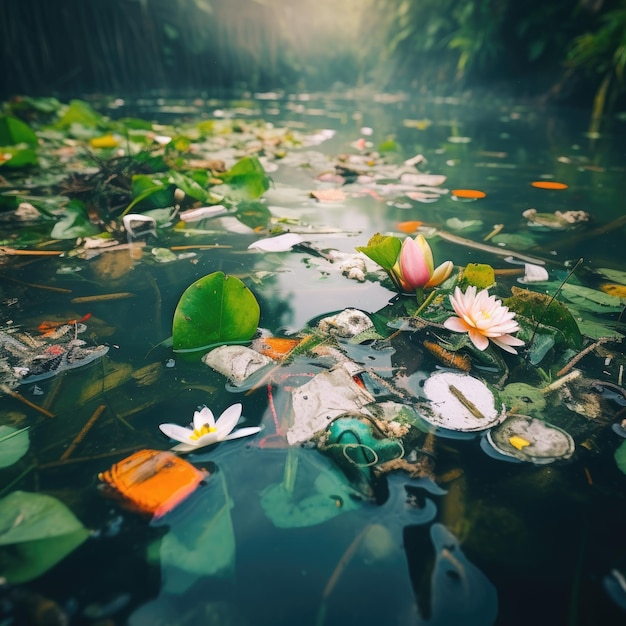 Primo piano dei rifiuti galleggianti in un lago inquinato