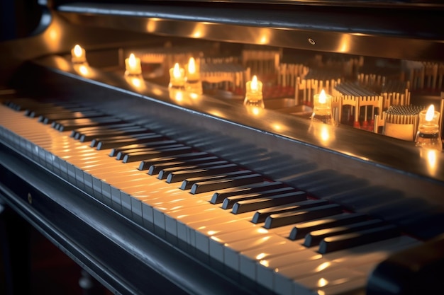 Primo piano dei tasti del pianoforte a coda con luci soffuse create con l'IA generativa