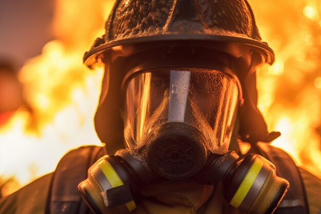 Primo piano dei vigili del fuoco che indossano maschere Combatti gli incendi mentre il cambiamento climatico e il riscaldamento globale determinano la tendenza degli incendi in tutto il mondo