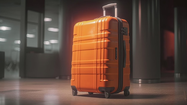 Primo piano del bagaglio arancione con lo sfocato dello sfondo del terminal dell'aeroporto IA generativa