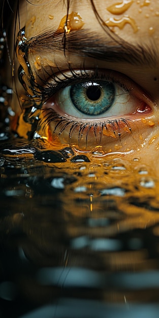 Primo piano del bellissimo occhio di donna mezzo viso affondare in acqua AI generativa