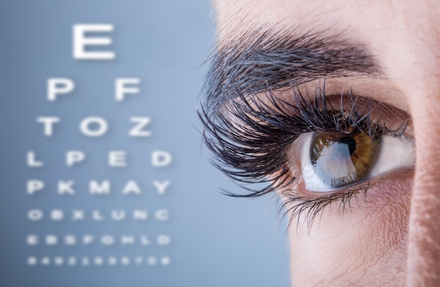Primo piano del bellissimo occhio femminile della donna e del test alfabetico dell'occhio.