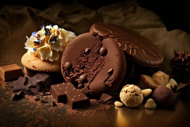 Primo piano del biscotto dolce al cioccolato Gourmet fresco Una delizia dolce e decadente IA generativa