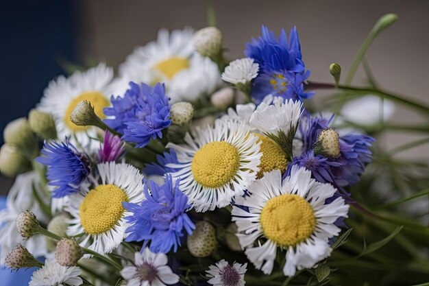 Primo piano del bouquet di fiordaliso e camomilla pronto per un regalo speciale