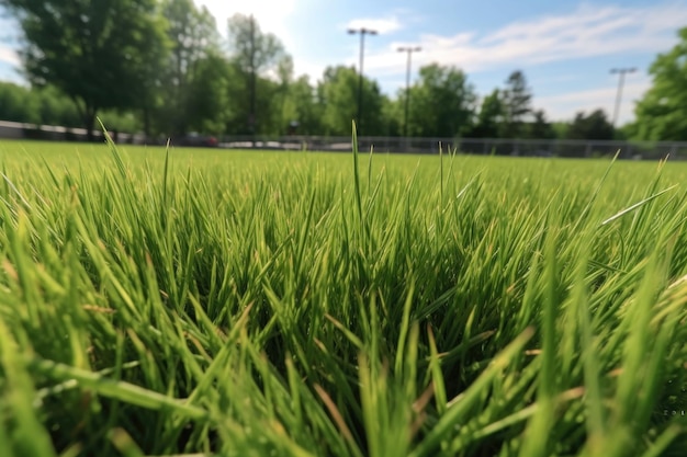 Primo piano del campo atletico erboso con lame di verde in primo piano creato con intelligenza artificiale generativa