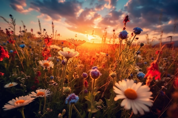 Primo piano del campo di fiori estivi con il tramonto romantico selvaggio AI generativo