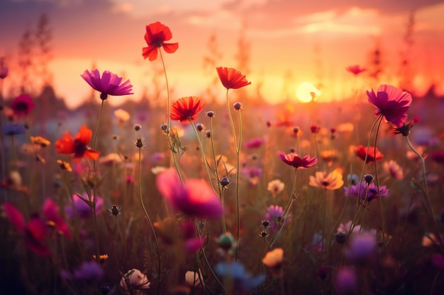 Primo piano del campo di fiori estivi con il tramonto romantico selvaggio AI generativo