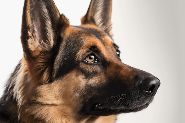 Primo piano del cane pastore tedesco su sfondo bianco IA generativa AIG16