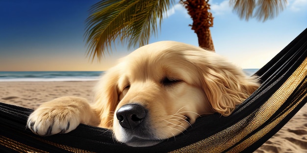 Primo piano del cane sdraiato sull'amaca con la zampa sulla spiaggia generativa ai