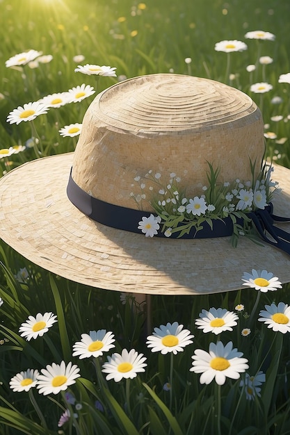 Primo piano del cappello da sole in erba e fiori in una giornata di sole creato utilizzando la tecnologia ai generativa