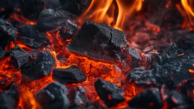 Primo piano del carbone e delle fiamme che bruciano