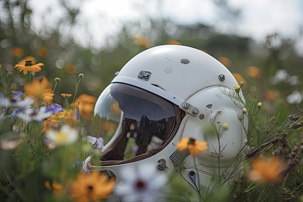 Primo piano del casco degli astronauti con campo di fiori sullo sfondo