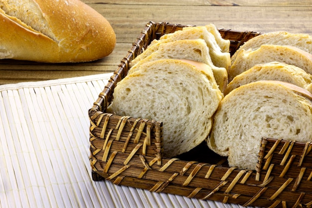 Primo piano del cestino del pane e del filone di pane italiano sulla tavola di legno