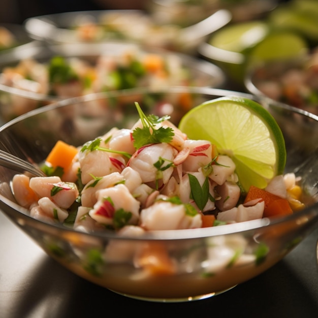 Primo piano del ceviche peruviano con patate dolci e mais