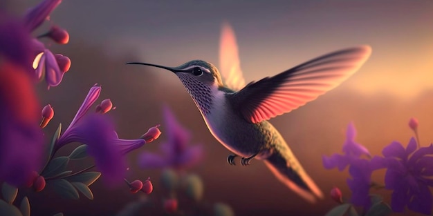 Primo piano del colibrì volante nella combinazione di colori viola Illustrazione generata dall'intelligenza artificiale