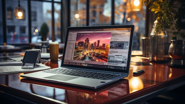 primo piano del computer portatile con schermo vuoto sul tavolo di legno