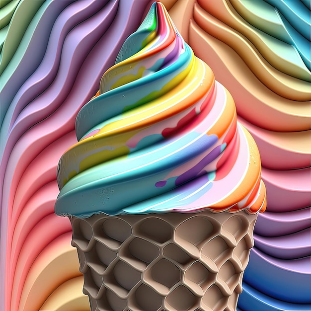 Primo piano del concetto creativo con cono gelato con crema di colori arcobaleno Delizioso dessert appetitoso in splendidi colori luminosi Generativo di intelligenza artificiale