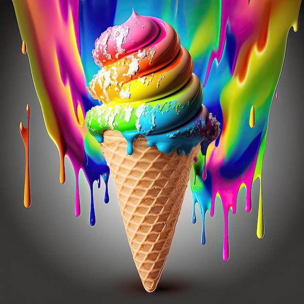 Primo piano del concetto creativo con cono gelato con crema di colori arcobaleno Delizioso dessert appetitoso in splendidi colori luminosi Generativo di intelligenza artificiale