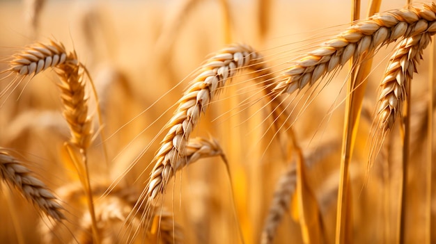 Primo piano del concetto di agricoltura spighe di grano dorate mature IA generativa